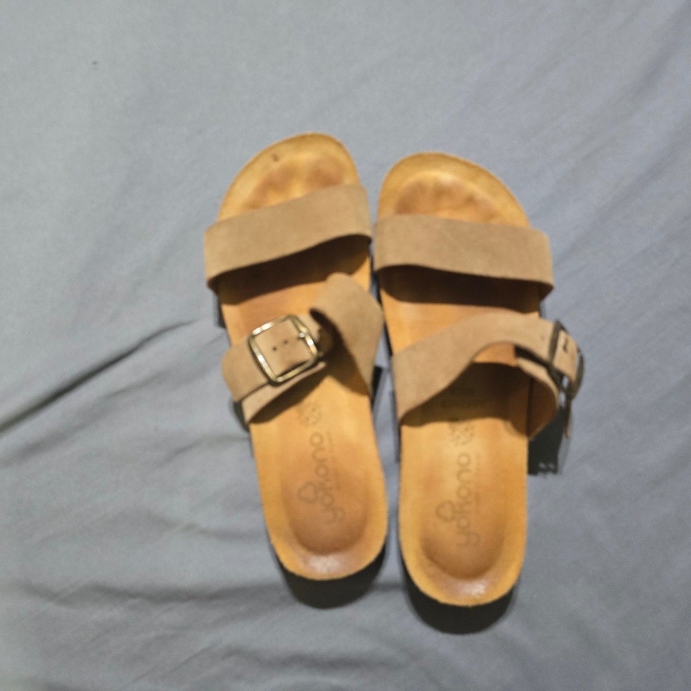 Yokono Slide Sandals Women Size 9 Tan Suede Double Strap Buckle Made in Spain